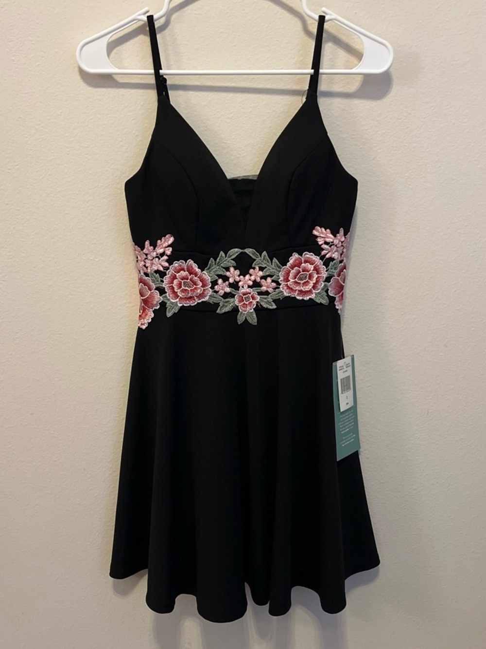 B. Smart Black Mini Dress with Pink & Green Floral Embroidery